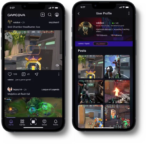 Two phones showing the GameOVA feed and a user profile