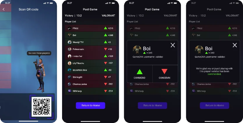 Final screens for scanning a QR code and rating players after a game