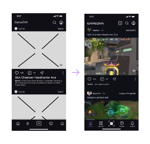 Before and after: separate QR scanner and add post buttons, with labeled navigation
