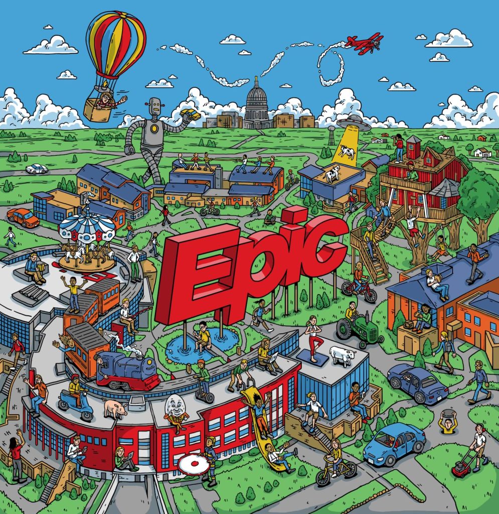 Illustrated map of the Epic campus with the big red Epic sign