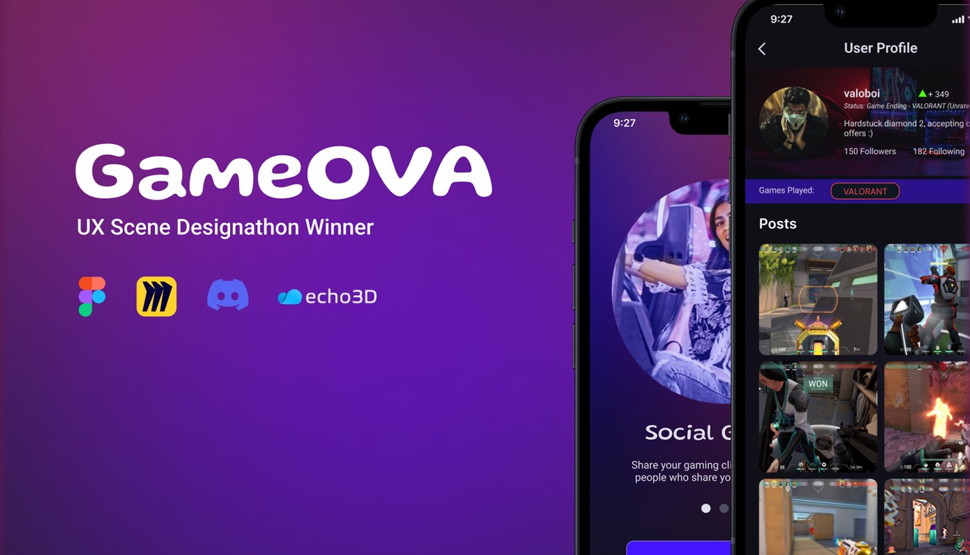 GameOVA logo, UX Scene Designathon winner, next to the app on two phones