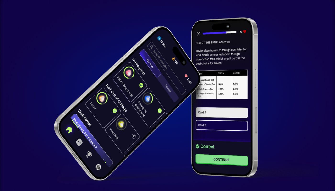 RUBI app on two phones: a course map and a quiz question