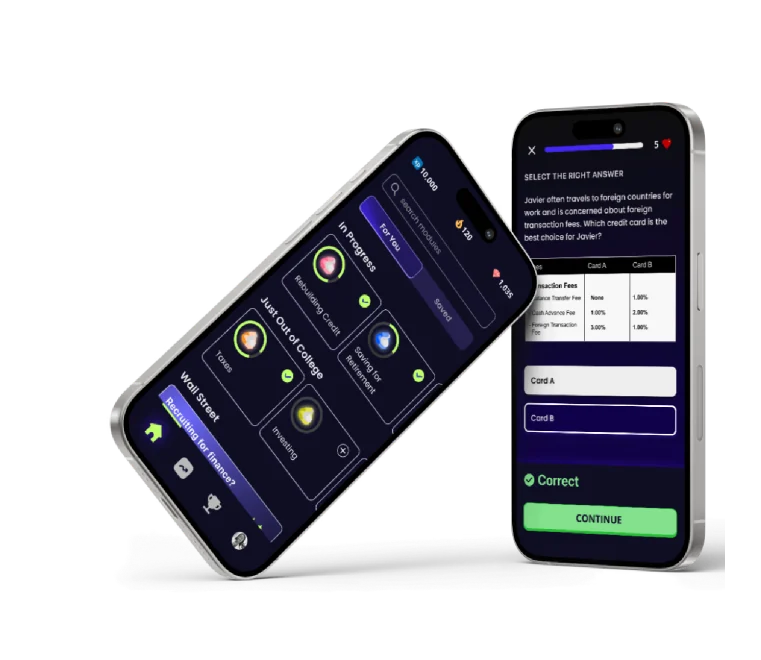 Two phones showing RUBI lesson and course screens