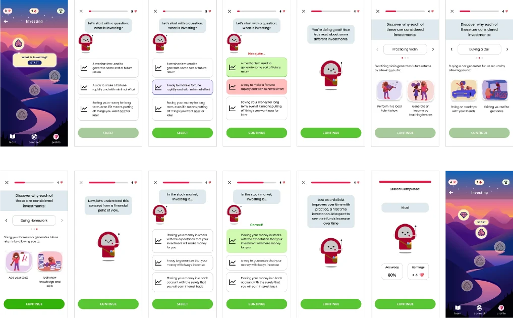 Wireframes for the MVP sample lesson flow
